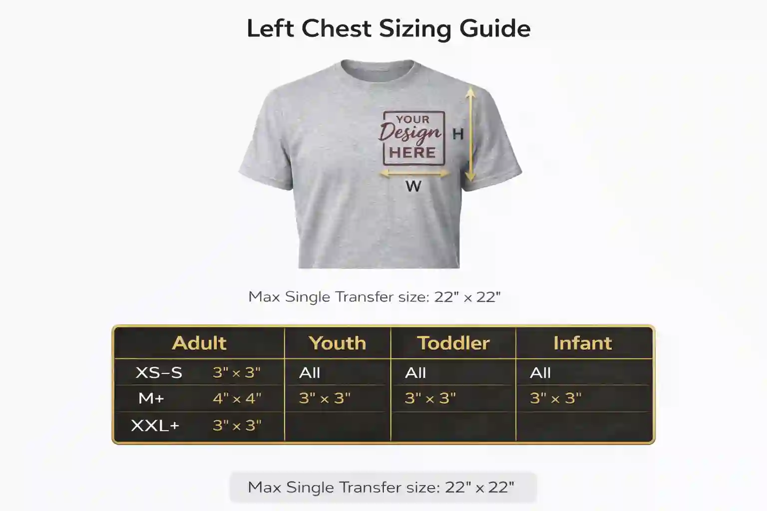 Left chest print sizing guide